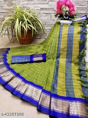 WINKLECART Checkered Handloom Cotton Silk Saree(Green)