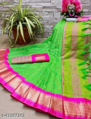 WINKLECART Checkered Handloom Cotton Silk Saree(Light Green)