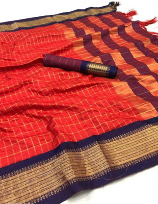Quexle Checkered Bollywood Cotton Silk Saree(Red)