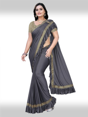 ecolors fab Printed, Self Design, Solid/Plain Bollywood Lycra Blend, Lace Saree(Grey)