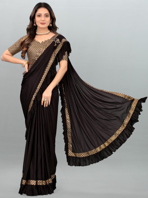 HEELENTERPRISE Solid/Plain Bollywood Lycra Blend Saree(Black)