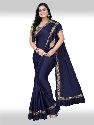 ecolors fab Printed, Self Design, Solid/Plain Bollywood Lycra Blend, Lace Saree(Dark Blue)