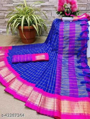 WINKLECART Checkered Handloom Cotton Silk Saree(Blue)