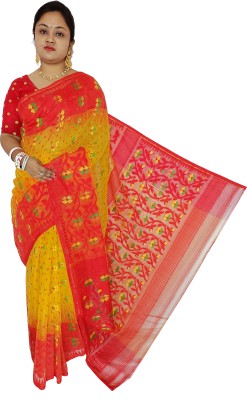 Mayabi Woven Jamdani Cotton Silk Saree(Red, Yellow)