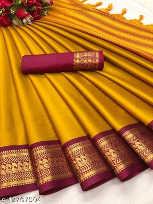 VRINDITA FASHION Woven, Embellished, Solid/Plain Kanjivaram Art Silk, Cotton Silk Saree(Gold)