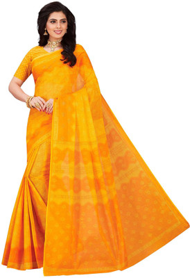 Jevi Prints Blocked Printed Daily Wear Pure Cotton Saree(Yellow)