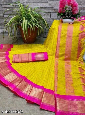 WINKLECART Checkered Handloom Cotton Silk Saree(Yellow)