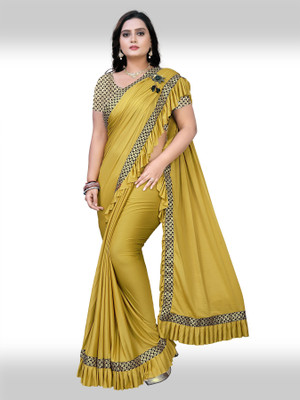 ecolors fab Printed, Self Design, Solid/Plain Bollywood Lycra Blend, Jacquard Saree(Mustard)
