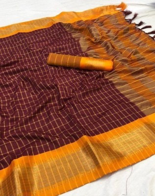 GLOWMOROUS Checkered Bollywood Pure Cotton Saree(Brown)