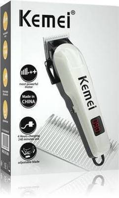 kemei KM-809A Professional Cordless Rechargeable LED Display Hair Clipper Heavy Duty for Hair and Beard Cut (White)  Runtime: 240 min Trimmer for Men & Women