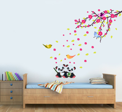 K2A Studio 100 cm cute baby pandas sitting under the tree flying birds wall sticker Self Adhesive Sticker(Pack of 1)