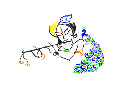 K2A Studio 87 cm beautiful colourful krishna playing fluit with peacock wall sticker Self Adhesive Sticker(Pack of 1)
