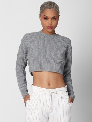 FOREVER 21 Striped Round Neck Casual Women Grey Sweater