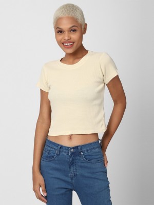 FOREVER 21 Solid Women Round Neck Beige T-Shirt