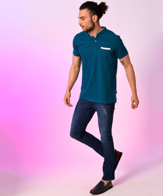 CAMPUS SUTRA Striped Men Mandarin Collar Blue T-Shirt