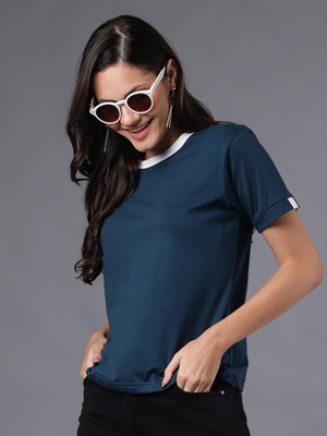 THE EG STORE Solid Women Round Neck Dark Blue T-Shirt