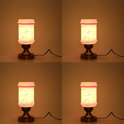 AFAST Stylish Table Lamp With Decorated Glass Shade, Round, LED Compatible,(Pack Of 4) Table Lamp(27 cm, White, Pink)