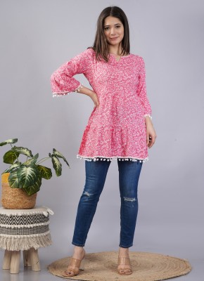MALIA CLOTHING Women Floral Print Flared Kurta(Pink)