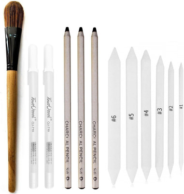 Definite Art Bianyo Soft Black Natural Charcoal Pencils for Drawing and Sketching (Pack of 3) with Paper Art Blending Stump or Tortillon (Pack of 6), One 22Cm Blending Foundation Brush and 2 X White Pens for Highlighting and Reflection Effect; Ideal Drawing Set for Students, Professionals, Artists