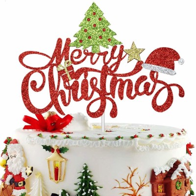 Festiko Festiko®Merry Christmas Cake Topper Color Glitter Cake Topper(Red Pack of 1)