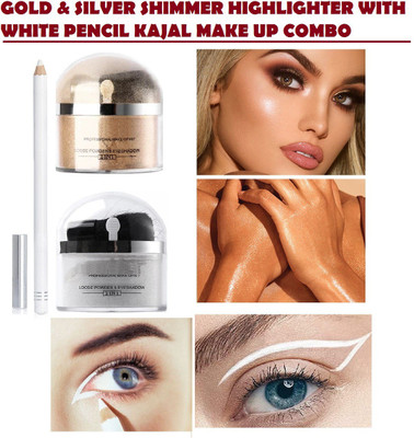 MYEONG MAKE UP COMBO GOLD & SILVER HIGHLIGHTER WITH WHITE PENCIL KAJAL(3 Items in the set)