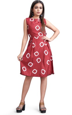 Textile Fab Women Fit and Flare Red, White Dress