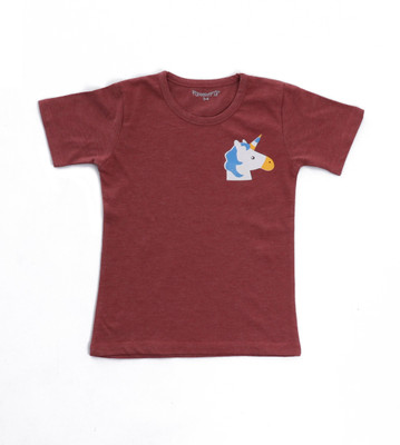 FunKrafts Girls Printed Pure Cotton Regular T Shirt(Maroon, Pack of 1)