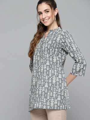 HERE&NOW Women Printed Straight Kurta(Grey)