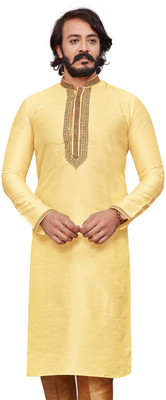 Kunj Creation Men Self Design Straight Kurta(Yellow)
