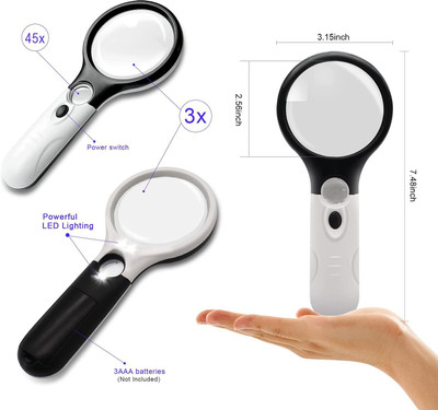 akptools Magnifying Glass with Light, 45X Glass Reading, Jewelry, Handheld Large 3 LED 45X Magnifying(black white)