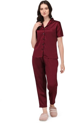 Smarty Pants Women Solid Maroon Shirt & Pyjama set