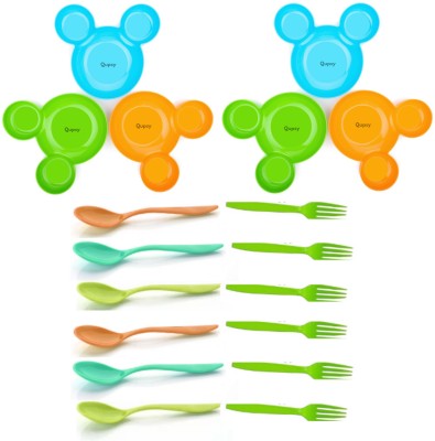 QUPSY Mickey Minnie/Cartoon Shaped Kids Snack Serving Sectioned Plate with Spoon Sectioned Plate(Pack of 6, Microwave Safe)