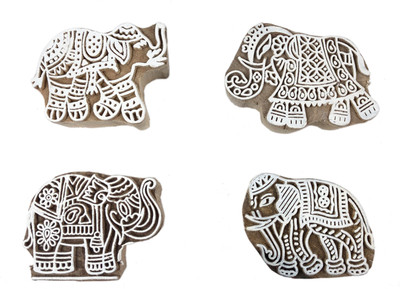 Global Art Traders Elephant Design Blocks - Traditional Textile Printing Dye (4, Assorted) Printing Blocks(Pack of 4)
