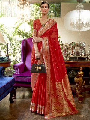 Ratnavati Floral Print Banarasi Silk Blend Saree(Red)