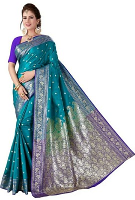 Dulhan Collection Self Design, Embroidered Banarasi Pure Silk Saree(Blue)