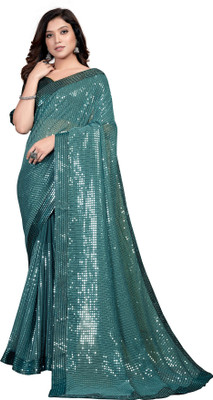 Hirvanti Fashion Self Design, Embroidered, Embellished Bollywood Georgette Saree(Blue)