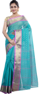 GitAsit Self Design Tant Pure Cotton Saree(Light Blue)