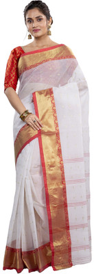 GitAsit Self Design Tant Pure Cotton Saree(White)