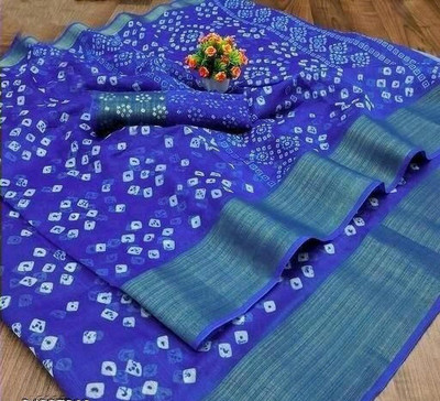 Suali Polka Print Bandhani Cotton Blend Saree(Blue)