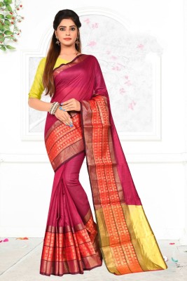 Ruhabs Striped Banarasi Cotton Blend Saree(Magenta)