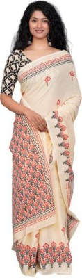 Clothonus Printed Ikkat Pure Cotton Saree(Cream)