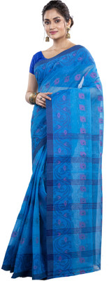 GitAsit Self Design Tant Pure Cotton Saree(Blue)