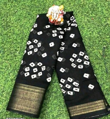 VCREATION Polka Print Bandhani Cotton Blend Saree(Black)