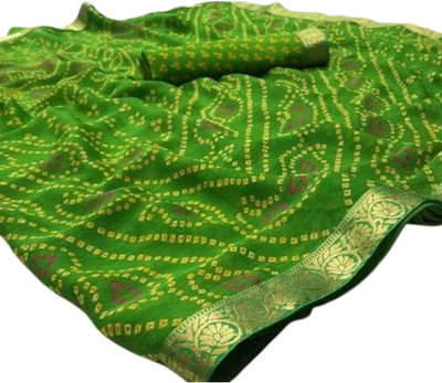 Durga Emporio Geometric Print Bandhani Chiffon Saree(Green)