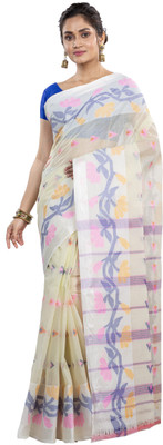GitAsit Self Design Tant Pure Cotton Saree(White)