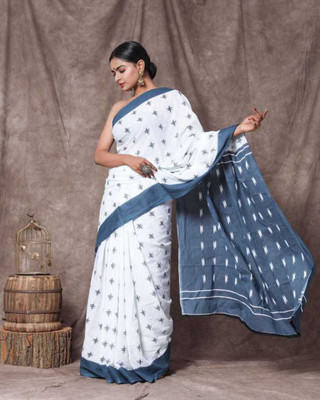 JAIPURI BLOCK PRINT Floral Print, Printed Daily Wear Pure Cotton Saree(Grey, White)