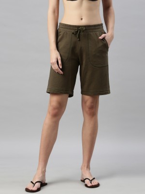 Enamor Solid Women Green Bermuda Shorts