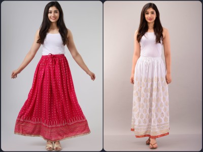 Jaipur Skirt Printed Women Flared White, Pink Skirt