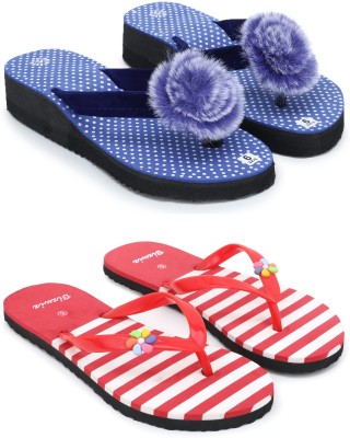 Bizwiz Women Flip Flops(Blue, Red , 8)