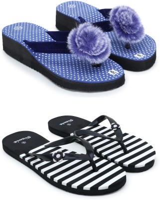 Bizwiz Women Flip Flops(Blue, Black , 8)